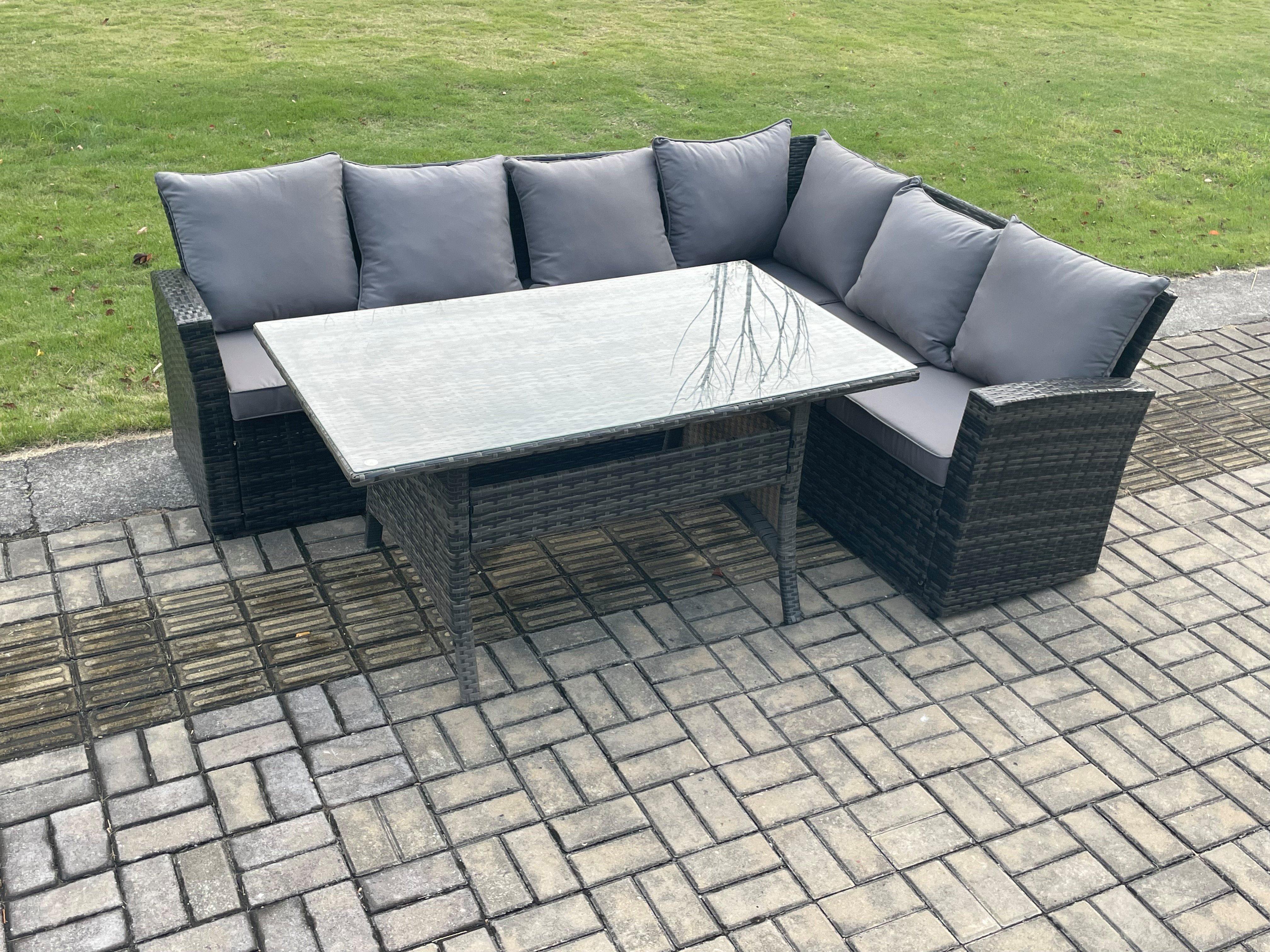6 Seater Garden Rattan Furniture Corner Sofa Dining Table Set with Temper Glass and Cushions Indoor 
